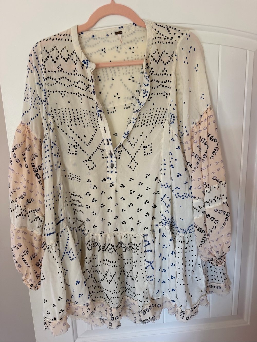 Free People Boho Printed Long Sleeve Mini Dress Cream Blue Pink Size Small